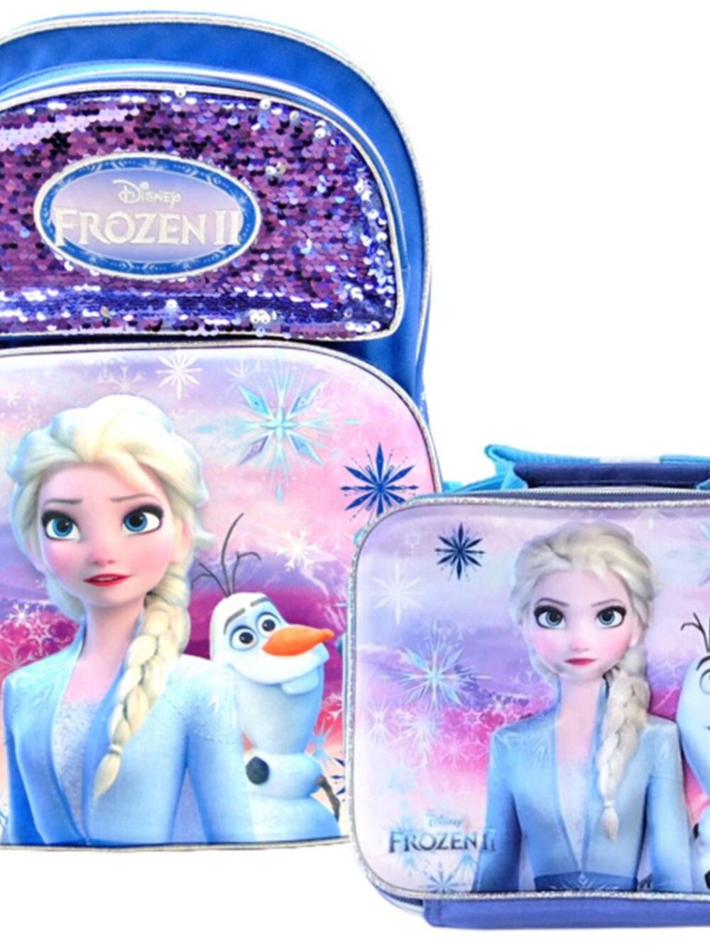 Disney Frozen II Elsa & Olaf Magic Sequin Backpack Set w/Lunch Box & Stationery